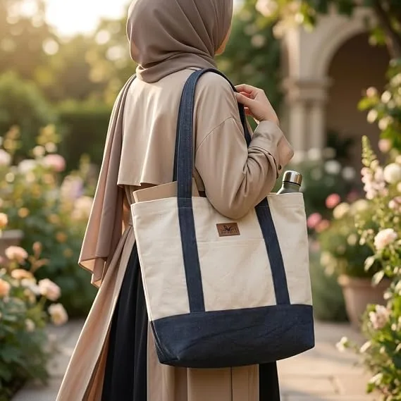 شنطة توت حريمي كبيرة قماش بسوستة متعددة الجيوب، كاجوال للجامعة والعمل والتسوق