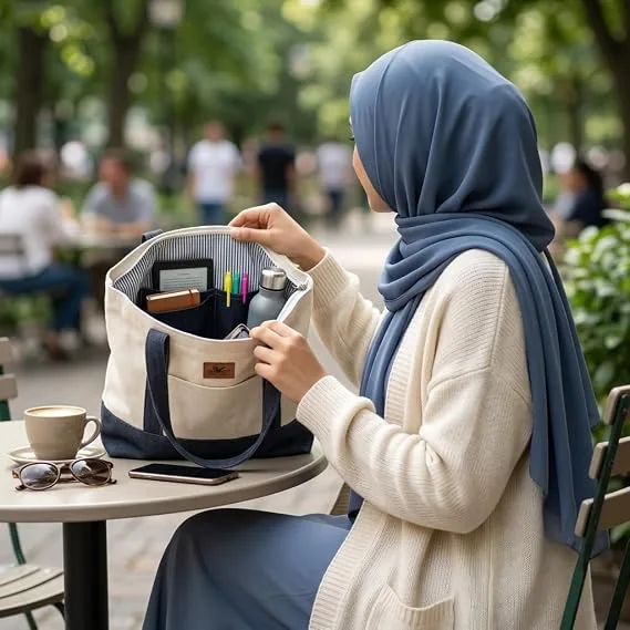 شنطة توت حريمي كبيرة قماش بسوستة متعددة الجيوب، كاجوال للجامعة والعمل والتسوق