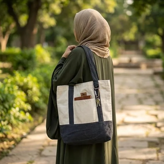 شنطة توت حريمي كبيرة قماش بسوستة متعددة الجيوب، كاجوال للجامعة والعمل والتسوق